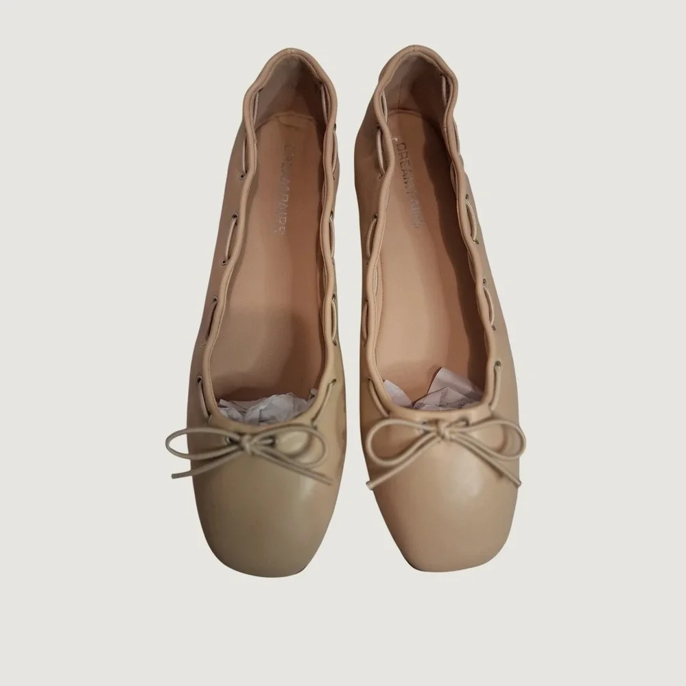 Dream Pairs Women's Beige Faux Leather Ballet Flats Bow Square Toe Size 10